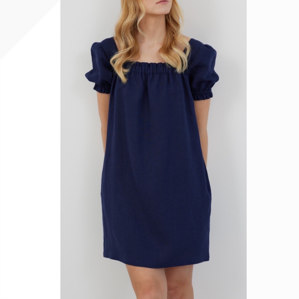 Pomander Place Navy Blue Linen Blend Puff Sleeve‎ Square Neck Shift Dress M S